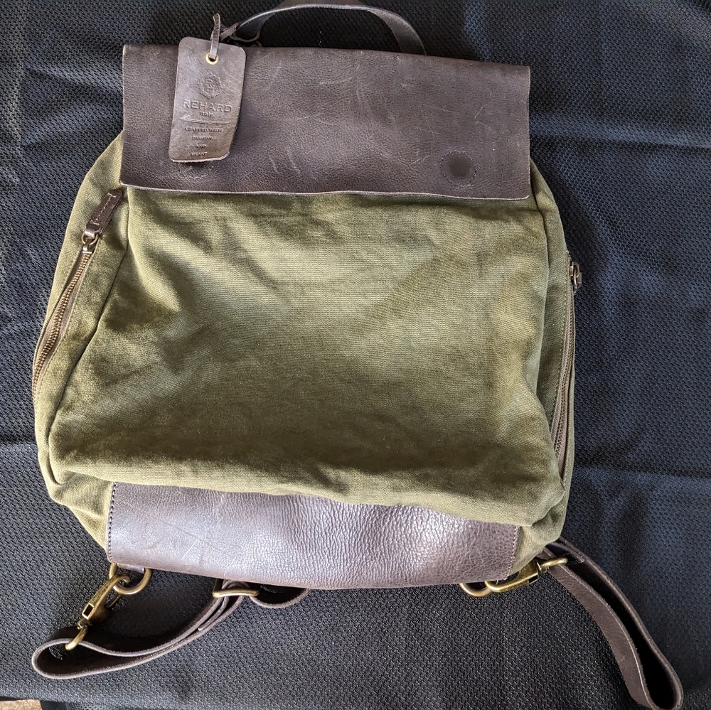 Rehard Italy Army Green Brown Leather Backpack